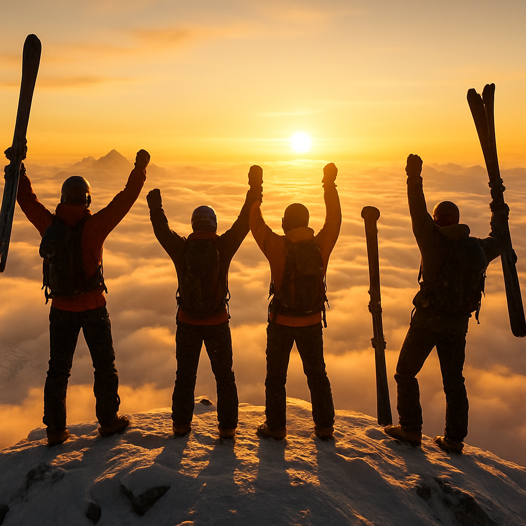 Mountaineers celebrating on a Himalayan summit