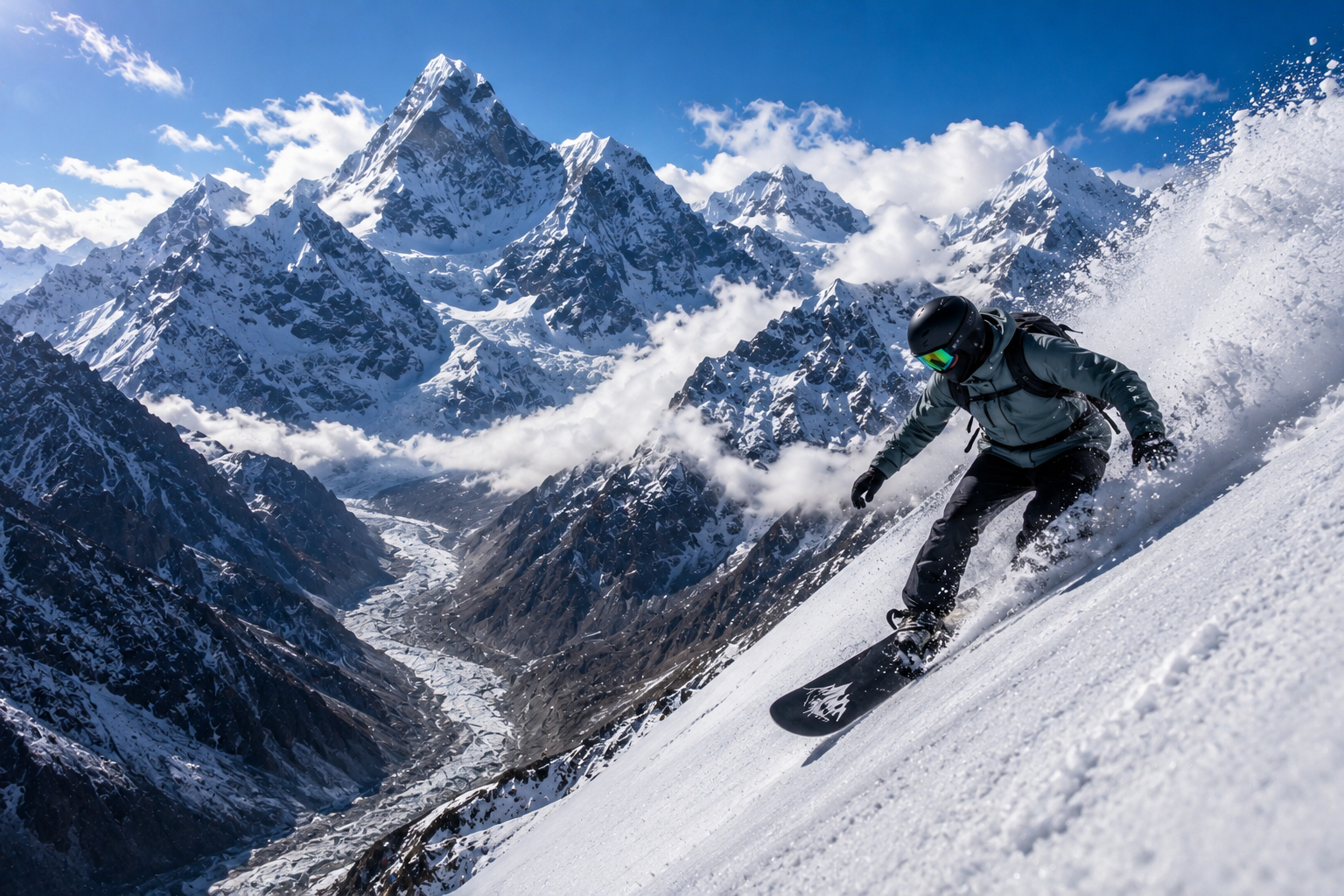 Snowboarding in the Indian Himalayas with a mountain backdrop