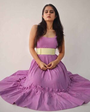 Purple cotton dress with fabric belt