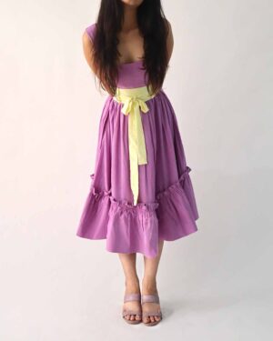 Purple cotton dress with fabric belt